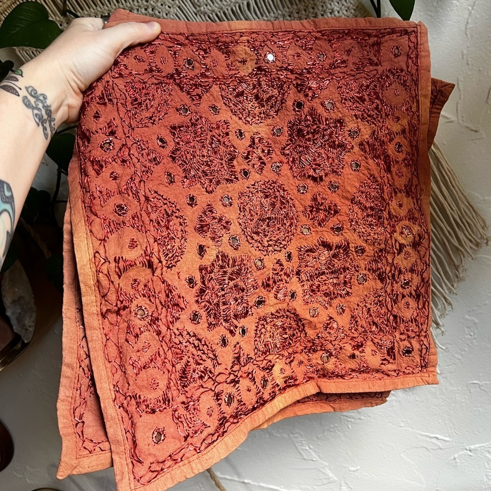 Vintage Boho Embroidered Pillow Covers 15x15 Orange & Red with Mirror Accents